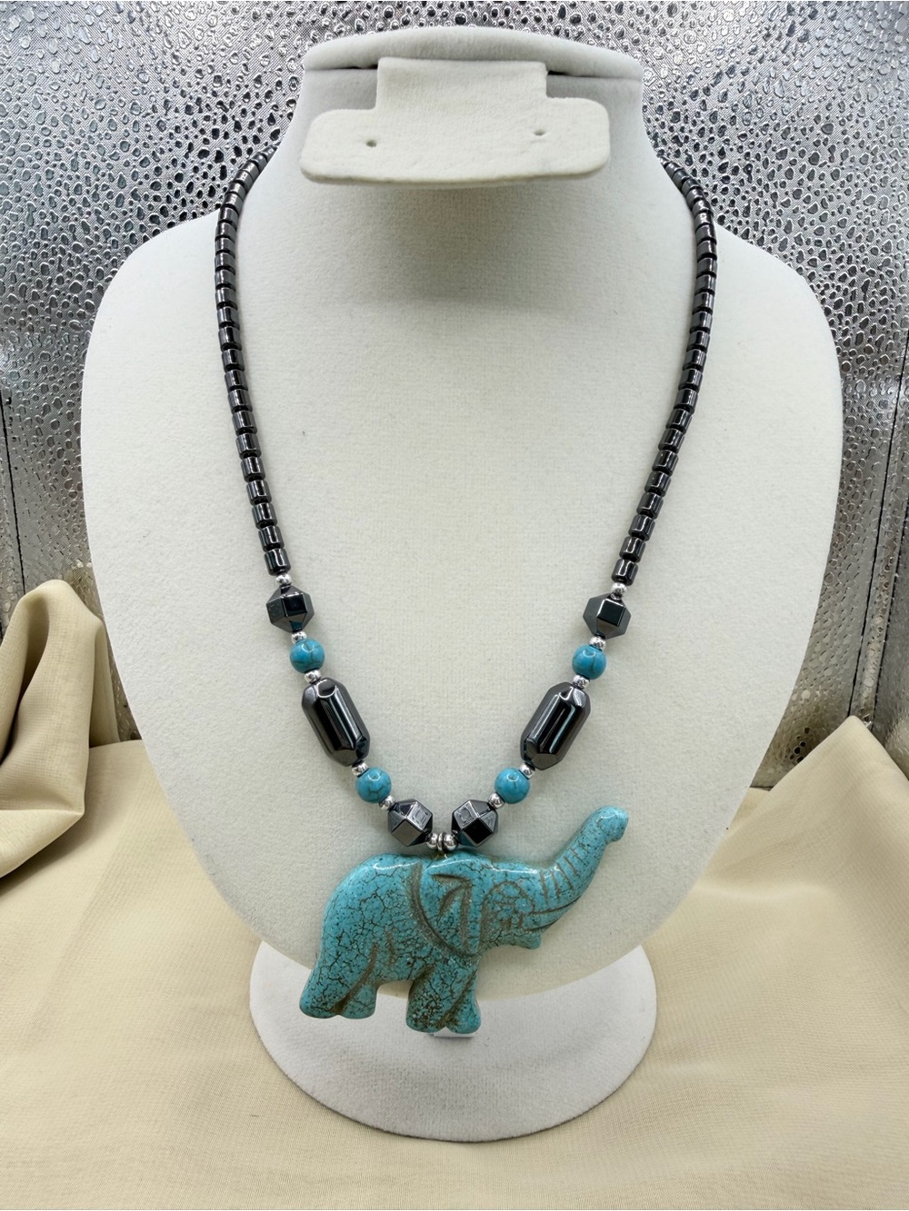 Boho Southwestern Hematite Bead & Faux Turquoise Howlite Elephant Necklace
